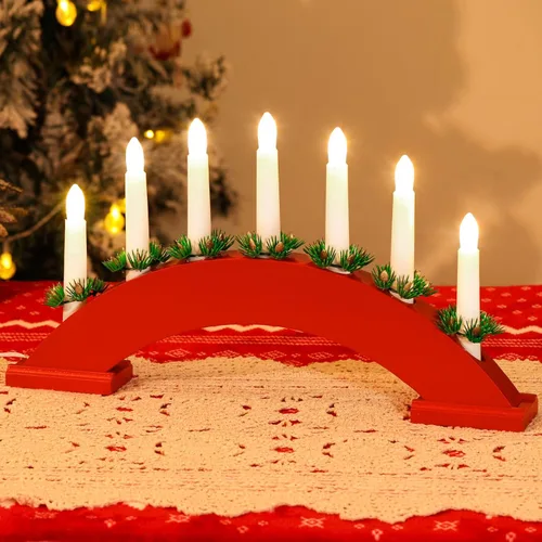 Lewondr Candelabro sueco de Navidad, 7 velas cónicas sin llama con alimentación USB, luz de vela de ventana de Navidad con agujas de pino, luz de B
