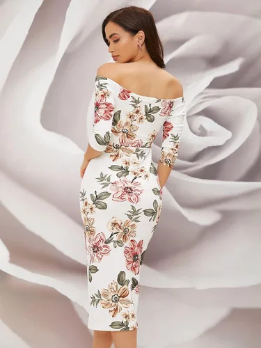 Miniatura 2 de Floerns Vestido largo ajustado con estampado floral y hombros descubiertos para mujer