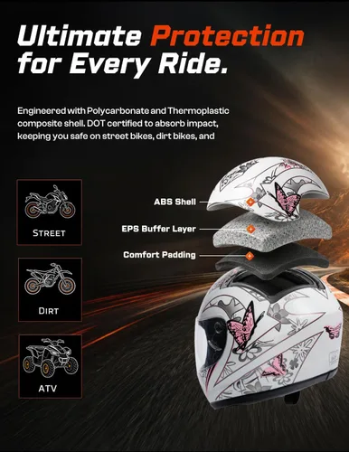 Miniatura 3 de TCMT Tamaño-M DOT Casco de motocicleta con mariposa, tapa abatible, cara completa, para la calle, para bicicleta de tierra, casco para adultos, ATV