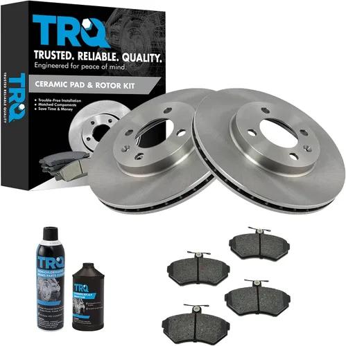 TRQ Kit de pastillas de freno delantero y rotor, kit químico de freno, pastillas de freno de cerámica compatible con Volkswagen Cabrio 1997-2002