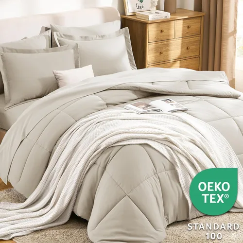 Miniatura 3 de CozyLux Juego de edredón tamaño individual XL, color beige, juego de cama de 5 piezas individual XL, juego de ropa de cama suave extra largo