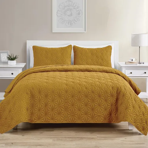 VCNY Home - Juego de colcha de 3 piezas con patrón de caleidoscopio, tamaño matrimonial/queen, dorado