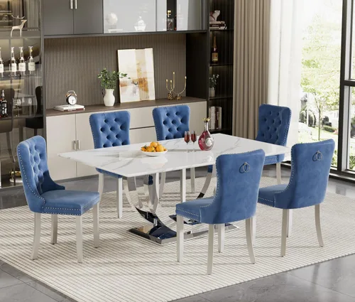 Miniatura 30 de Juego de mesa de comedor de 5 piezas para 4, mesa de cocina de mármol negro de 68 pulgadas con 4 sillas beige, mesa de comedor rectangular moderna