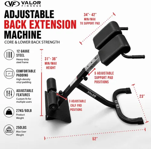 Miniatura 2 de Valor Fitness Silla romana ajustable con clavijas de banda de resistencia para entrenamientos de núcleo, isquiotibiales y abdominales, máximo 250