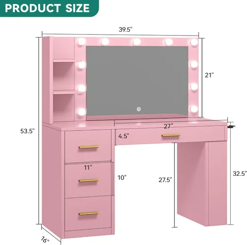Miniatura 2 de YITAHOME - Tocador con espejo y luces, juego de mesa de maquillaje con toma de corriente, 4 cajones, 6 estantes abiertos arriba y 3 estantes