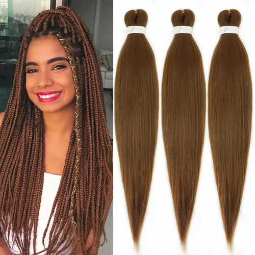 Cabello trenzado marrón preestirado de 30 pulgadas, 3 paquetes de cabello trenzado preestirado de color 30 EZ, textura Yaki, extensiones de cabello