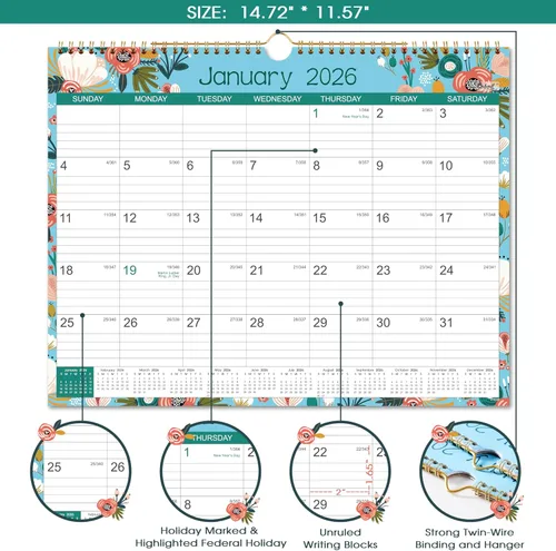 Miniatura 2 de Calendario 2026, Calendario de pared de 12 meses desde enero de 2026 hasta diciembre de 2026, 14.8 x 11.4 pulgadas, mensual con fecha juliana