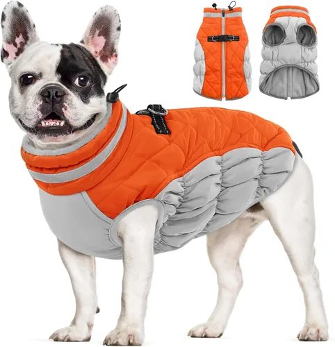 Miniatura 23 de AOFITEE Abrigo para perro, chaquetas cálidas para perros grandes, abrigo reflectante de cuello alto para perros con arnés integrado, impermeable