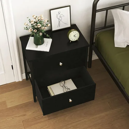Miniatura 6 de BOLUO Mesita de noche negra cómoda de 2 cajones para dormitorio, mesita de noche pequeña mesa auxiliar con cajones de tela, moderna