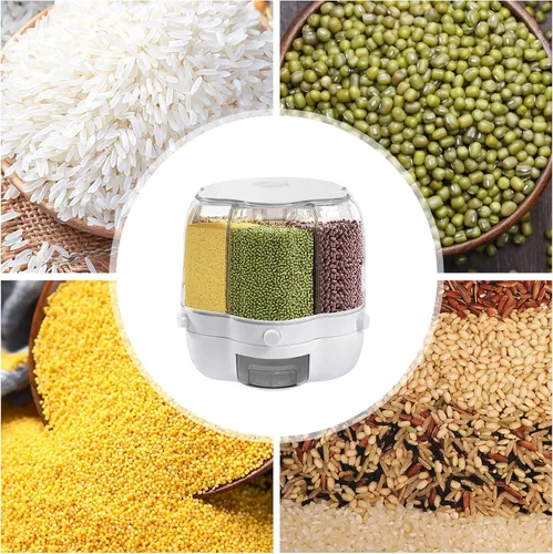 Miniatura 8 de Dispensador de arroz giratorio de 6 rejillas, contenedor de almacenamiento de granos giratorio de 360°, cubo de almacenamiento de granos de azúcar