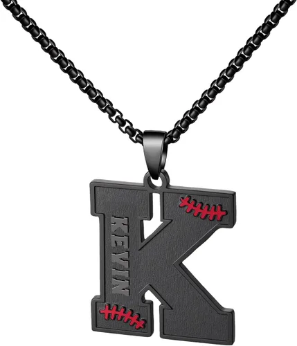 Miniatura 45 de Ldurian Collar personalizado con nombre de béisbol, cadena negra de acero inoxidable, collar con nombre deportivo, letra A-Z de 24 pulgadas, regalos