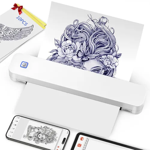 Miniatura 10 de KNAON Impresora profesional de plantillas de tatuajes, máquina de transferencia térmica inalámbrica Bluetooth para tatuajes, incluye 10 piezas