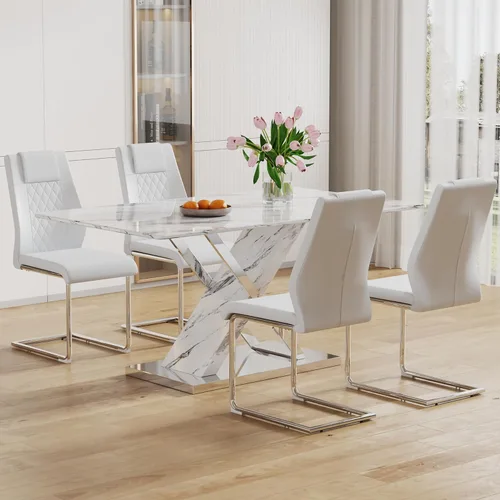 Miniatura 22 de Juego de mesa de comedor de mármol para mesa rectangular blanca de 4.63 pulgadas con marco de metal plateado en forma de X y 4 sillas de comedor