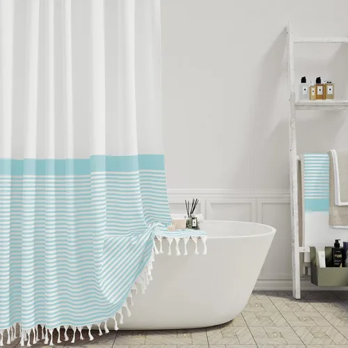 Miniatura 17 de Cortina de ducha Dynamene de tela color beige, cortina de ducha rústica/bohemia a rayas con borlas para baño, juego de cortinas de tela texturizada