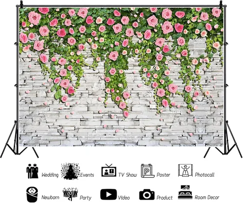 Miniatura 5 de Pared de ladrillo de 5 x 3 pies con telón de fondo floral rosa para fiesta, plantas verdes, fondo de fotos de pared, boda, dulce niña, fiesta