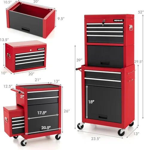 Miniatura 3 de ERGOMASTER Cofre de herramientas con ruedas - Caja superior extraíble, gabinete grande inferior con ruedas y sistema de bloqueo - Caja de Negro&rojo