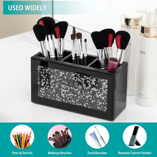 Miniatura 6 de SHYFOY Organizador Portacepillos de Maquillaje Negro, Organizador de Almacenamiento de Cepillos de Cosméticos de 3 Ranuras de Vidrio con Diamante