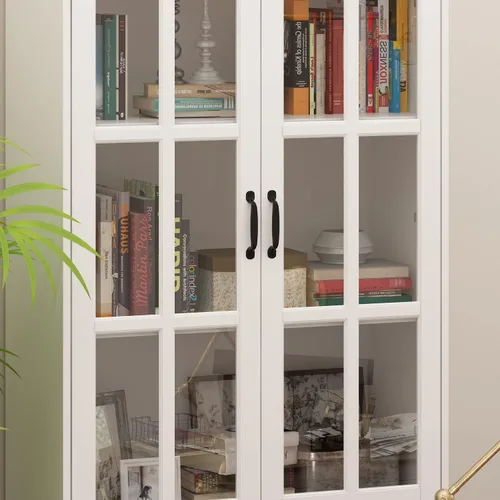 Miniatura 4 de Homsee Estantería alta con 5 estantes de almacenamiento y 2 puertas de vidrio, armario de almacenamiento de madera para oficina en casa, sala