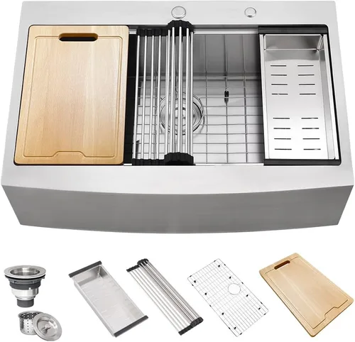 Miniatura 9 de Fregadero In-Hovheir de 33 pulgadas de acero inoxidable negro de 33 x 22 pulgadas, fregadero de cocina de granja con delantal, fregadero de cocina