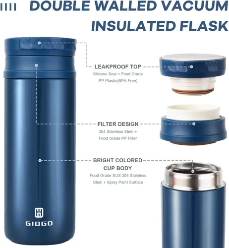 Miniatura 4 de Thermo - Botella de agua térmica de acero inoxidable de 15.2 fl oz/15.2 onzas, aislada al vacío, con filtro, termo de agua caliente para bebidas Rojo