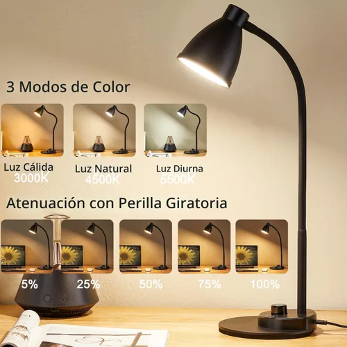 Miniatura 2 de BOHON. Lámpara de escritorio LED con puerto de carga USB, 3 modos de color, luz de lectura regulable, lámpara de tarea de inducción inteligente