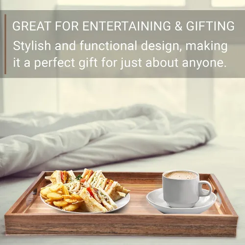 Miniatura 5 de Bandeja de servir de madera de acacia con asas (17 pulgadas) – Bandejas decorativas para servir desayuno en la cama, almuerzo, cena, aperitivos