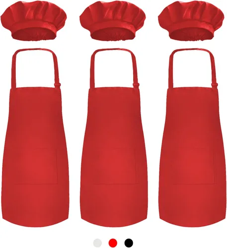 Miniatura 8 de Novelty Place Juego de 3 delantales para niños con gorro de chef (3 juegos) – Babero infantil agradable a la piel con bolsillo – Cocina, hornear