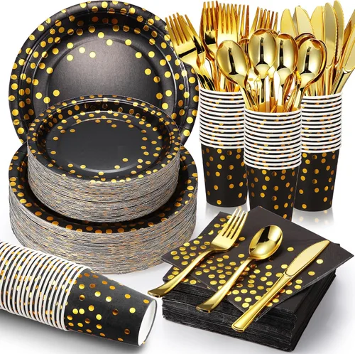 700 piezas de suministros de fiesta negros y dorados, juegos de vajilla desechables para 100 invitados, platos de papel negro y dorado, servilletas,
