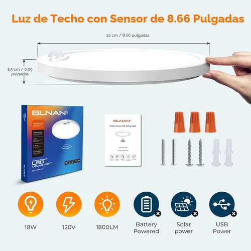 Miniatura 8 de BLNAN Lámpara de techo con sensor de movimiento con cable, 8.7 pulgadas, 3000 K, 4000 K, 5000 K, seleccionable, lámpara LED de montaje empotrado