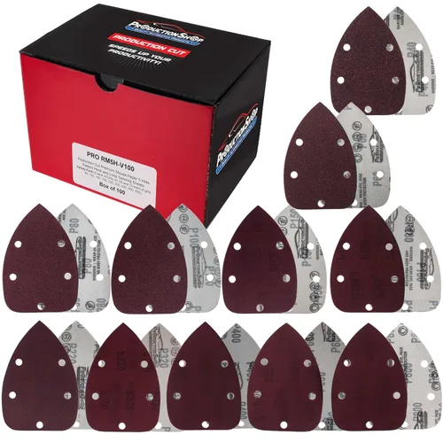 Miniatura 10 de ProductionShop Hojas de papel de lija de lija de grano 180 premium con 5 agujeros, caja de 45 unidades, almohadillas de disco de mouse
