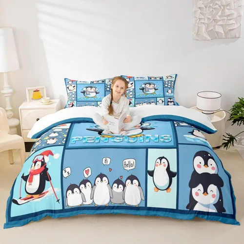 Juego de funda de edredón de pingüinos de dibujos animados para niños, tamaño King, lindo juego de ropa de cama de esquí de animales árticos, Multi