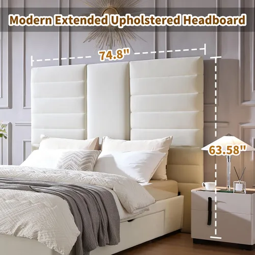 Miniatura 4 de Base de cama Queen de 63.6 pulgadas de alto, base de cama tapizada con 2 cajones de almacenamiento, listones de madera resistentes, sin ruido,