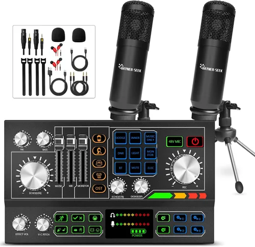 Paquete de equipos de podcast para 2, interfaz de audio, modificador de voz con micrófono de condensador de 3.5mm, BT inalámbrico dual, fuente de