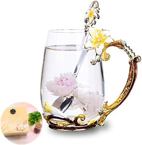 Taza de té, Regalos para el Día de la Madre, Tazas de café, Taza de té de vidrio con flor de lirio, Ideas únicas personalizadas para regalos de
