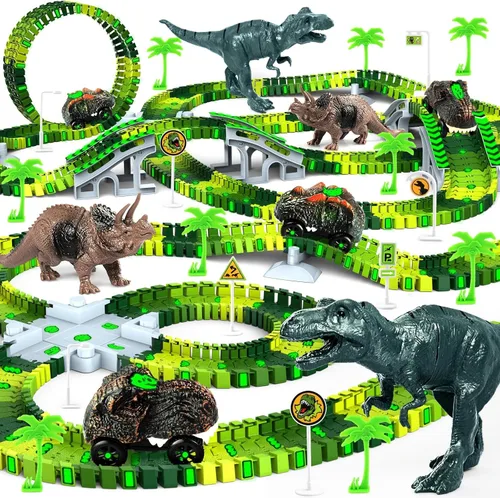 Juguetes de dinosaurio para niños de 3 a 5 años, juego de pista de tren flexible que brilla en la oscuridad, 2 autos de dinosaurio para niños y