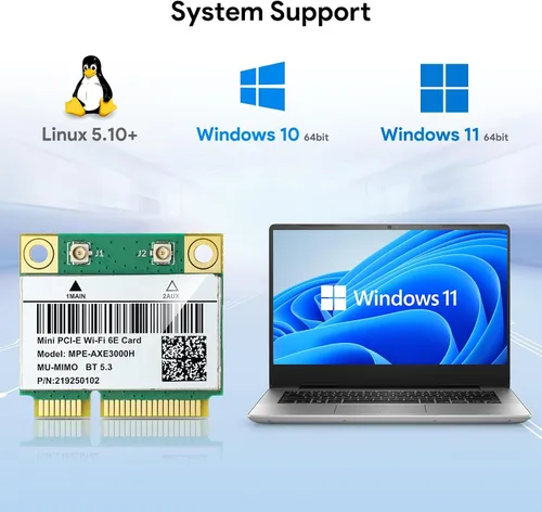 Miniatura 5 de Intel AX210HMW Tarjeta WiFi, Wi-Fi 6E Tarjeta inalámbrica para portátil Mini interfaz PCIE, módulo inalámbrico de tres bandas para portátil