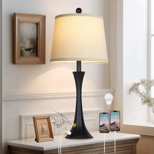 Miniatura 10 de Rinweey Lámparas de mesa plateadas de 27.5 pulgadas, lámparas táctiles de noche con puertos USB C+A, lámparas regulables de 3 vías para dormitorio