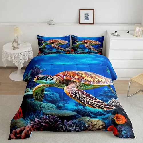 Miniatura 29 de Erosebridal Juego de edredón de ballena náutica, tamaño individual, juego de ropa de cama vintage azul con ondas oceánicas para niños y niñas