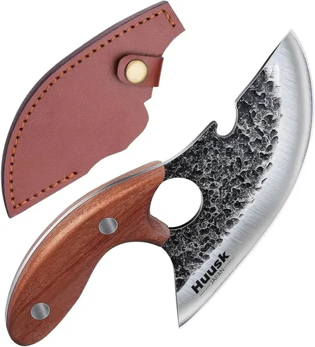 Huusk Cuchillos vikingo para cortar carne, pequeño cuchillo Ulu, forjado a mano, cuchillos Ultimo cavernícolas de espiga completa para cocina o