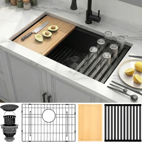Miniatura 12 de Fregadero de cocina de 33 x 22 pulgadas, color negro, 33 pulgadas de montaje superior, fregadero de cocina de acero inoxidable calibre 16, estación