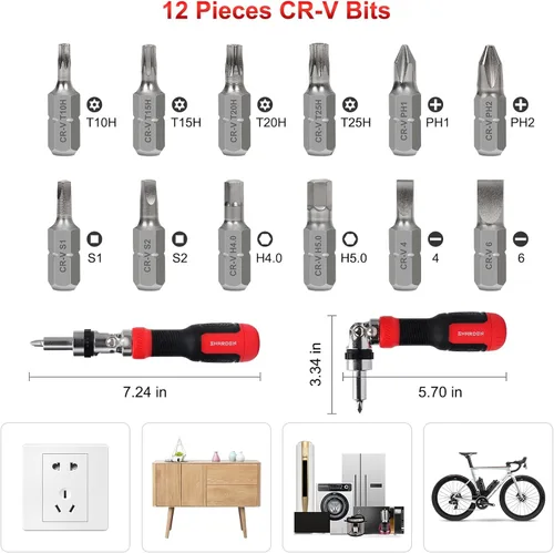 Miniatura 2 de SHARDEN Destornillador de trinquete 13 en 1 Destornillador multibit todo en uno Juego de destornilladores con Phillips, cabeza plana, seguridad Rojo