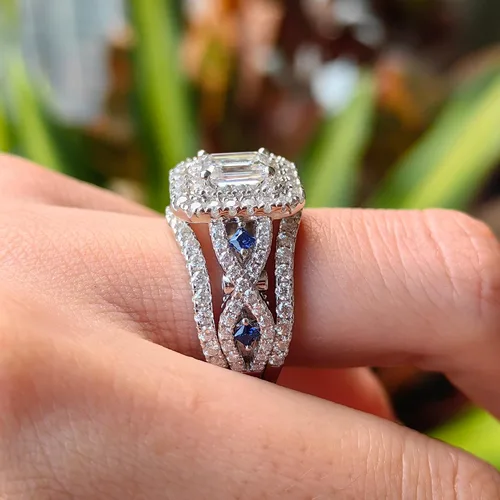 Miniatura 4 de DovEggs 3.26ct Total 5x7mm G-H-I Color Emerald Cut Moissanite Antqiue Double Halo Engagement Ring Moissanite&Blue Sapphire Accents Curved Enhancer