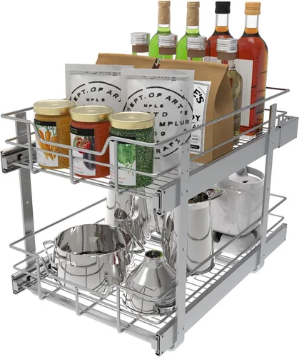Miniatura 7 de Organizador de armario extraíble de 2 niveles de 15 pulgadas de ancho x 22 pulgadas de profundidad, cajones deslizantes para armarios de cocina, 2