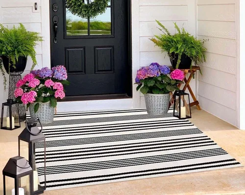 Miniatura 17 de Tapete para exteriores de rayas color negro y blanco, tapete tejido a mano lavable a máquina para interiores, porche, entrada, sala, pasillo, Rayas