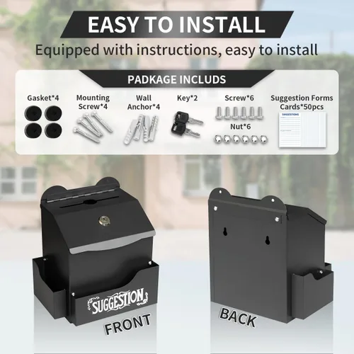 Miniatura 4 de Ydocabinit Caja de sugerencias de metal con letras de sugerencias, montaje en pared y mesa con soporte para bolígrafo con candado, 50 tarjetas