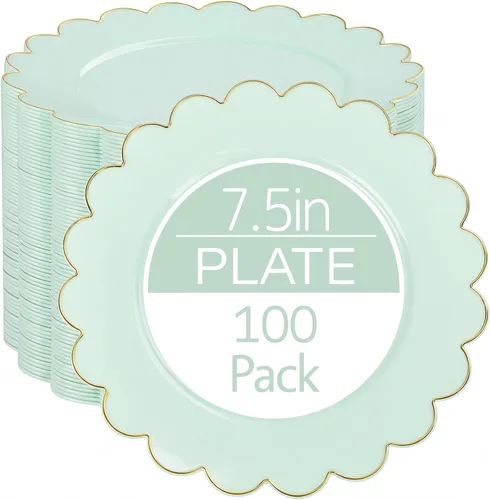 Miniatura 12 de LIYH - 100 platos de plástico azul, bordes festoneados de 7.5 pulgadas, platos desechables para postre/ensalada, color azul con borde dorado, platos