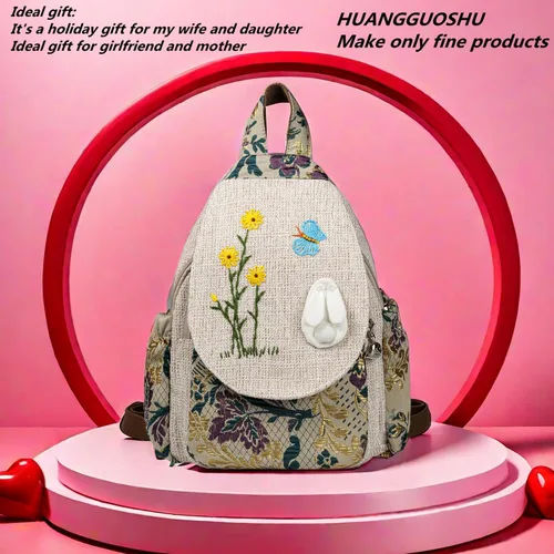 Miniatura 127 de HUANGGUOSHU Mochila de algodón tejida de algodón bohemio con bordado de lona estilo bohemio con múltiples bolsillos retro linda mochila cartera
