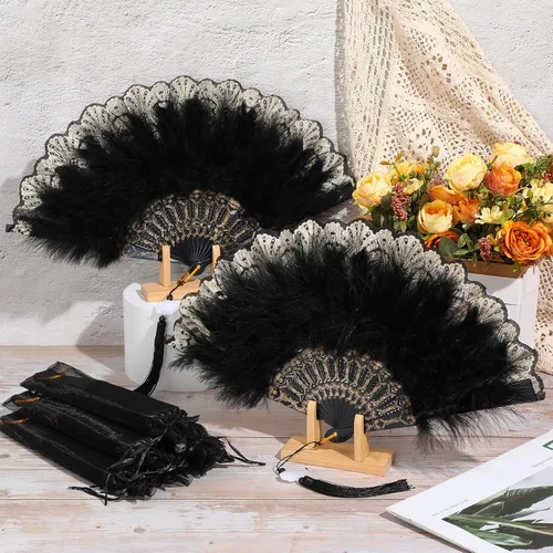 Miniatura 4 de Barydat 24 juegos de abanicos de plumas de marabú a granel vintage de los años 20 de encaje bordado a mano abanico plegable con bolsa de organza