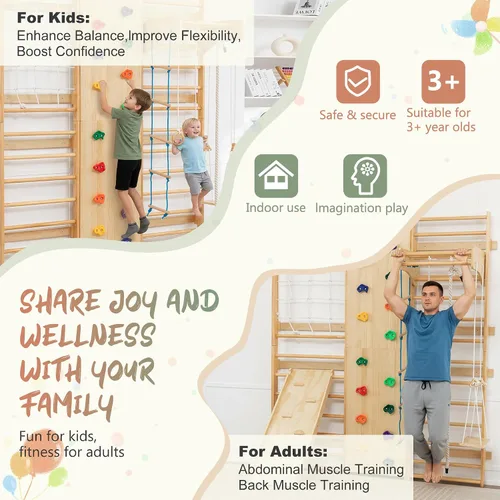 Miniatura 6 de escalera sueca 10 en 1 para interiores, gimnasio de la selva para niños de 3 a 12 años, 227 KG, juego de escalada de madera montado en la pared