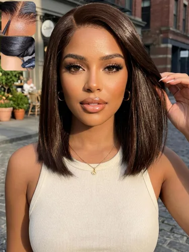 Miniatura 29 de KLAIYI Peluca de cabello humano con encaje frontal precortada 7x5, corte Bob en capas, corte romo, cordón sin pegamento, peluca predepilada